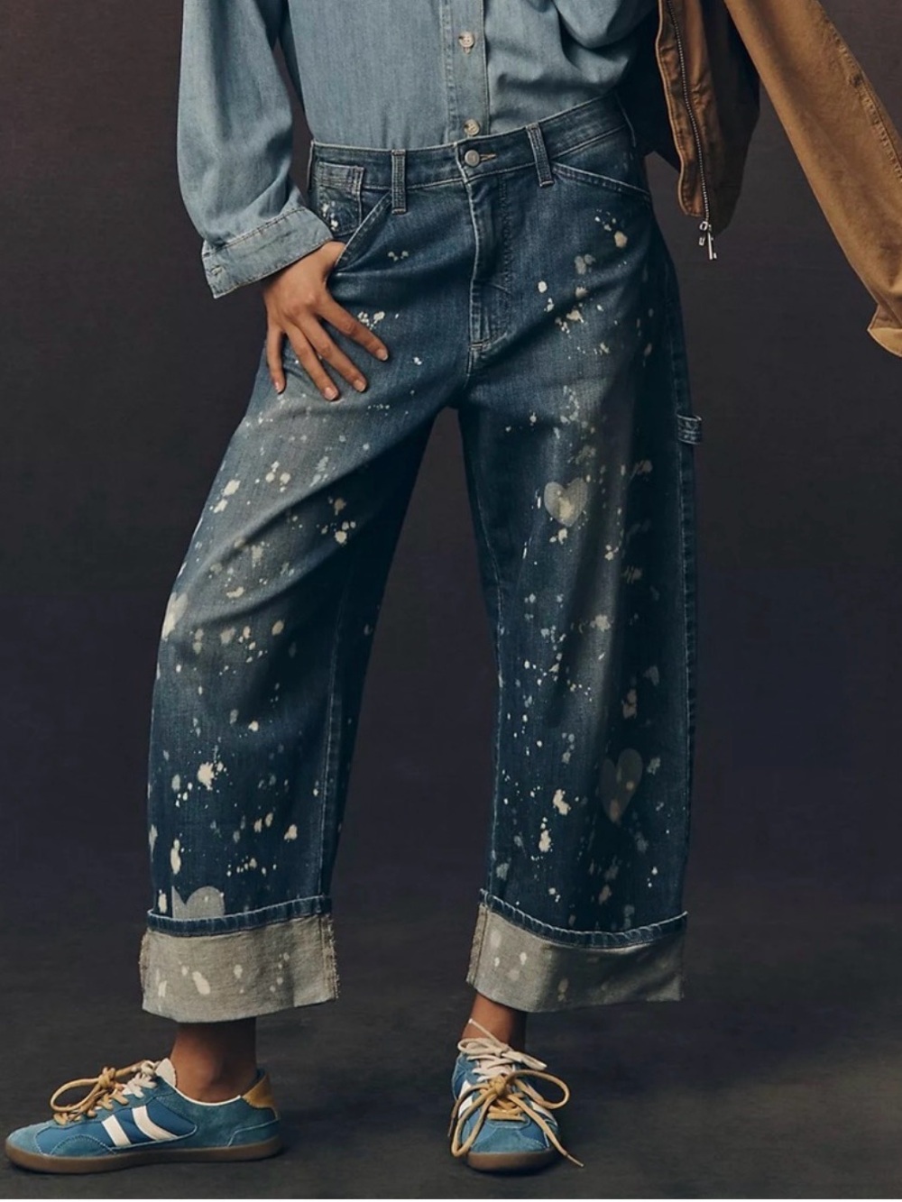 Pilcro Wide-Leg Paint-Splatter Jeans - Dark Blue